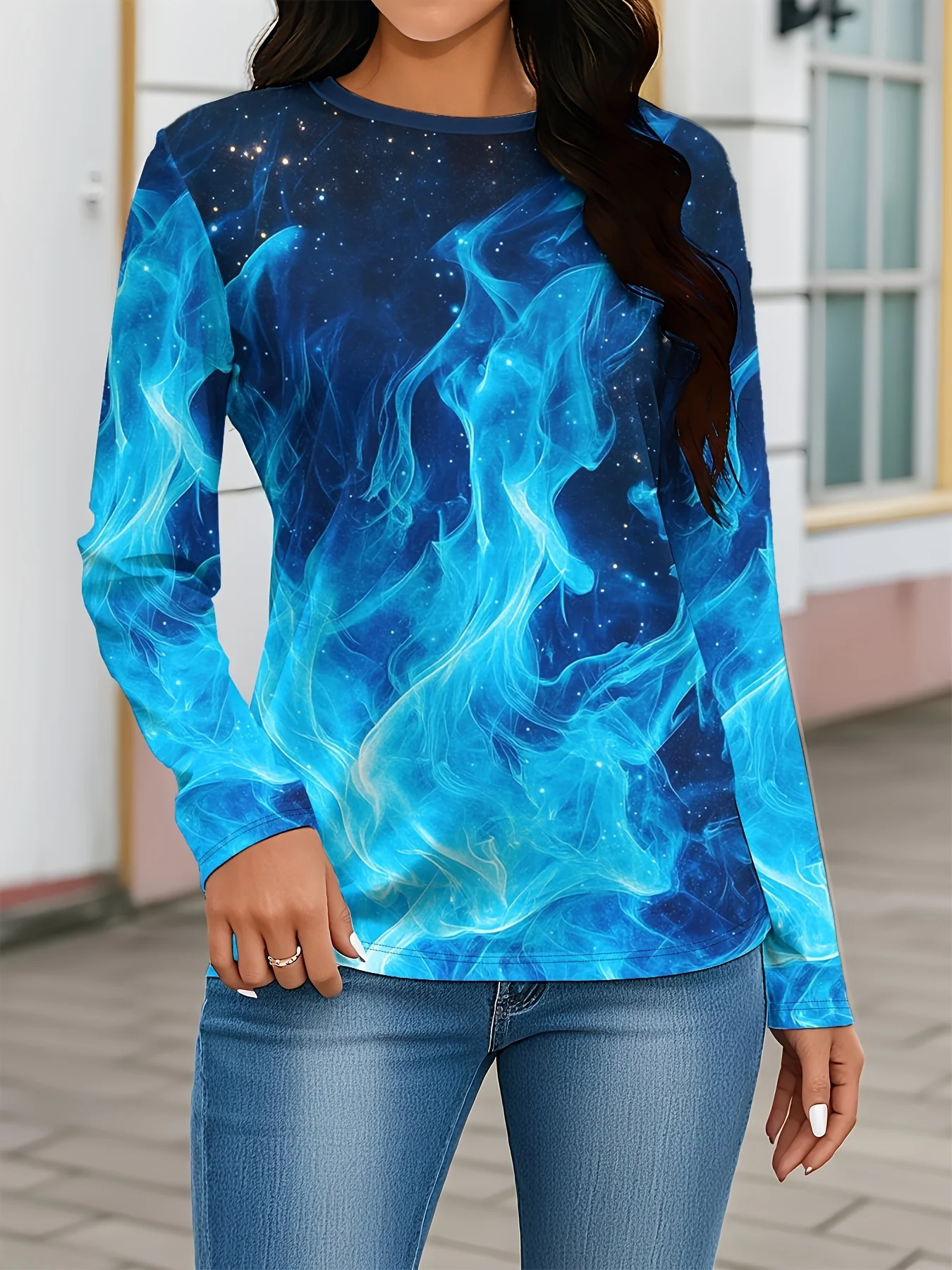 Women's Long Sleeve T-Shirt, Blue Flame And Starry Sky Print Pattern, All-Winter Holiday Style Top Suitable For Leisure And Sports Scenarios