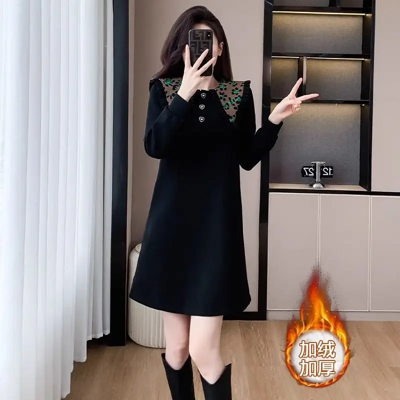 Fashion Sailor Collar Dresses Female Autumn Winter New Fleece Casual Dresses Loose Sweatshirts Dress Women Clothes Midi Dress