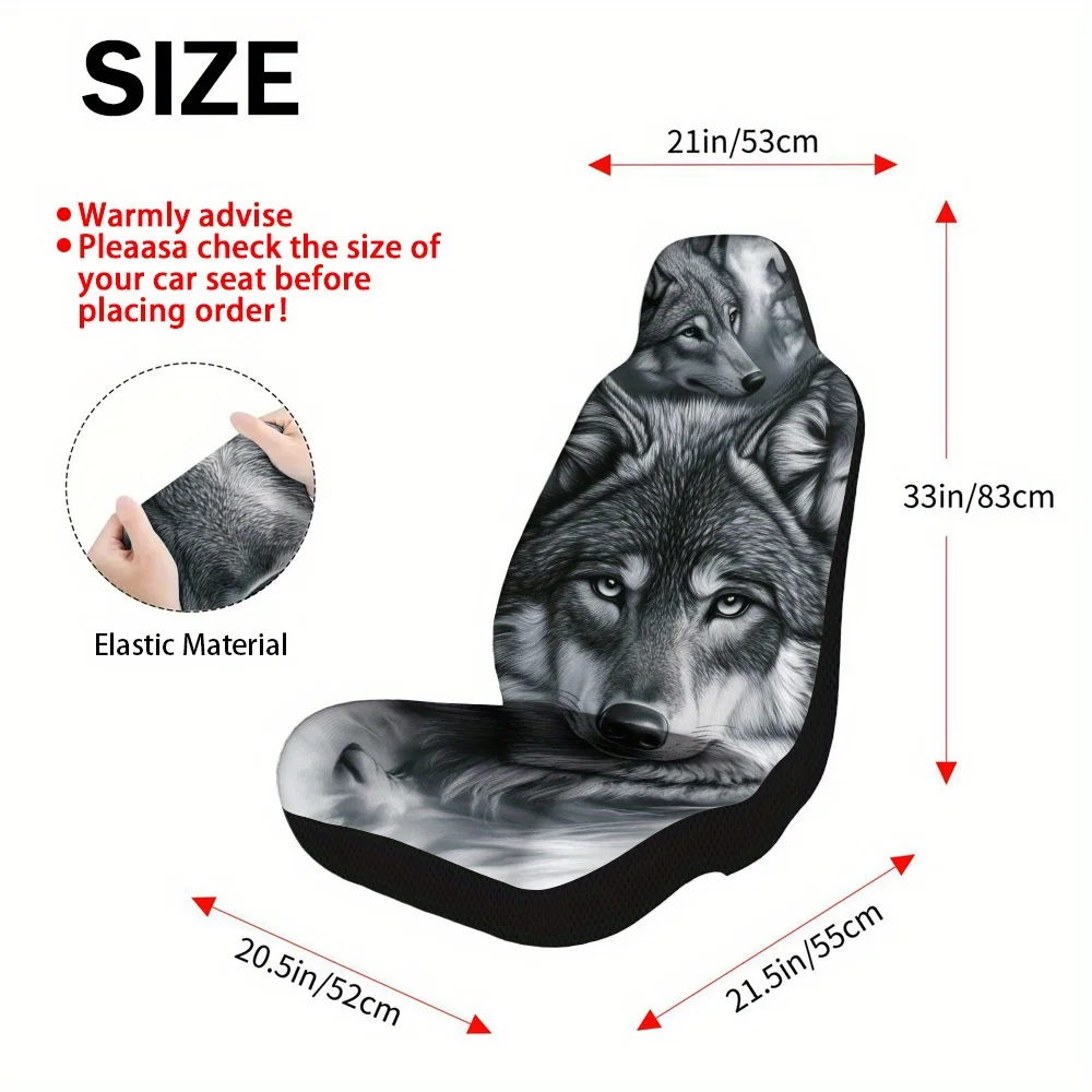 2pcs Lone Wolf Portrait Print Car Seat Covers – Universal Fit For Cars, Trucks, Vans, SUVs | Durable Seat Protectors | Easy Inst