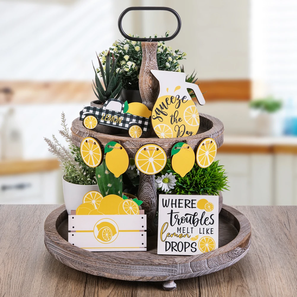 Fruit Cyclone Lemon Style Creative Wooden Sign Decoration Set Farmhouse Summer Desktop Layered Tray Decoration 1 Set