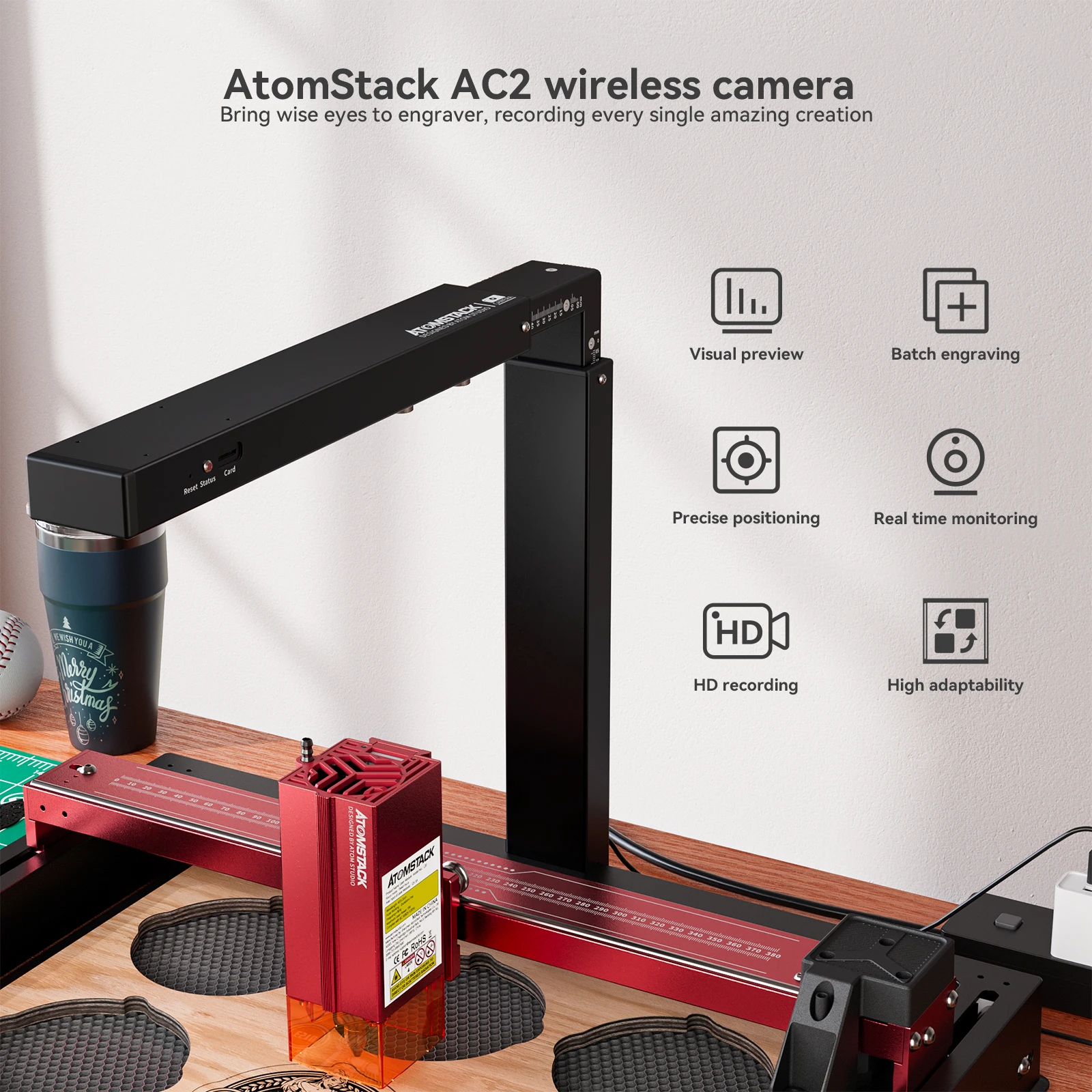 ATOMSTACK AC2 Laserkamera LightBurn Präzise Positionierung 400x400mm WiFi 1080P Typ-C Manueller Fokus Kompatibel mit AtomStack XTool Creality Ikier