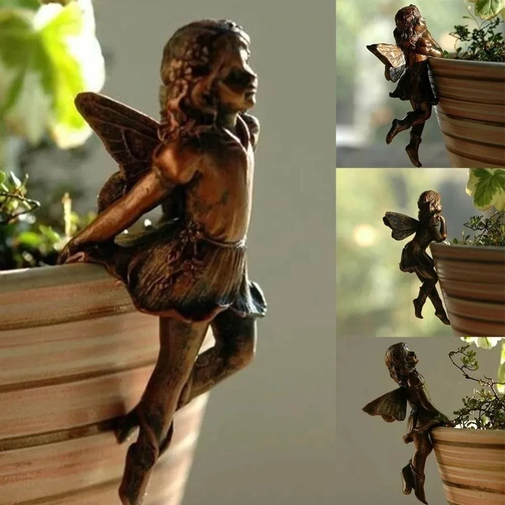 New Angel Girl Hanging Cup Resin Decoration Fairy Combination Flower Basket Edge Decoration Garden Design Fairy Pot Huggers