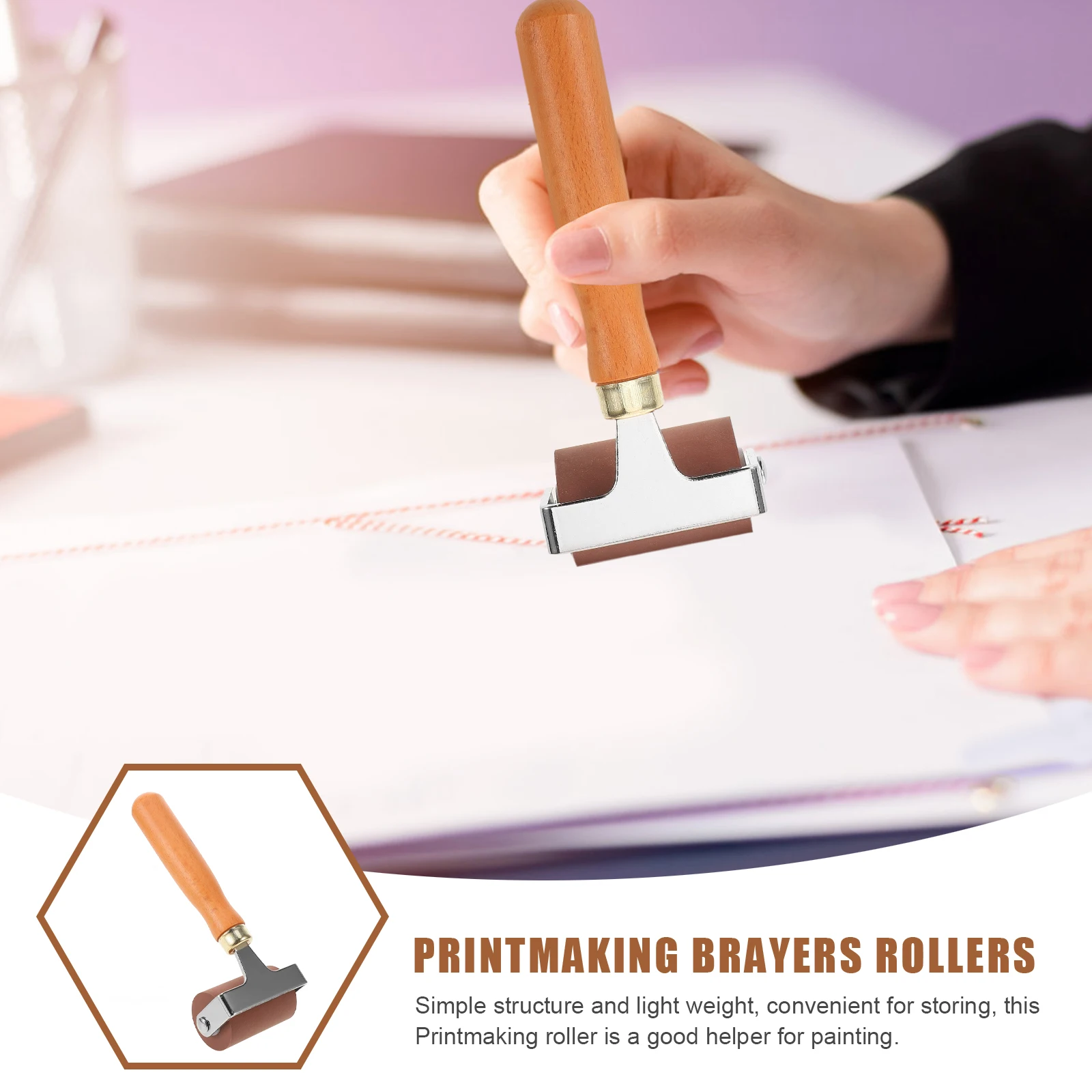 Rolo de impressão, aplicador de tinta de rolo de borracha de madeira confortável para aplicação de tinta suave, materiais de arte