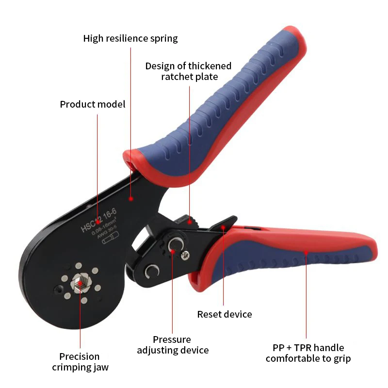أداة العقص الطويق HSC12 16-6 كماشة صغيرة طرفية أنبوبية لمحطات كبيرة الحجم المشابك الكهربائية 0.08-16mm2/30-5AWG