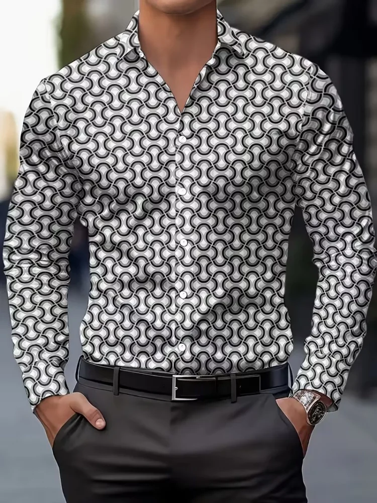 Men's long-sleeved collared shirt, black, with a repeating wave geometric print, versatile, casual, comfortable, and loose fit.