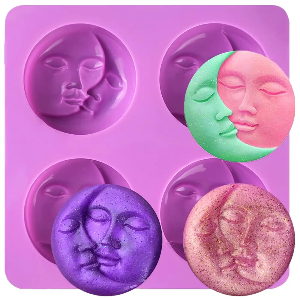 Sun & Moon Silicone Soap Molds 4 Cavity Crescent Moon Face Mould for Homemade Lotion Bar Bath Bombs Polymer Clay Wax Candle Make