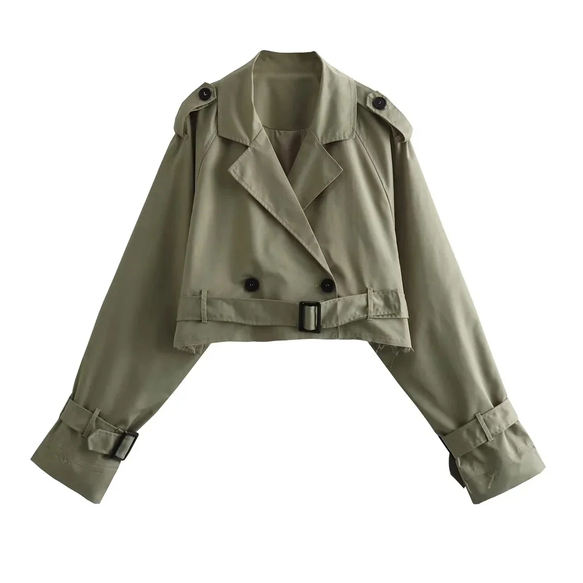 2024 New Autumn Y2K Women Jacket Short Trench Coat with Belt Raw Edge Long Sleeve Buttons Fitted Female Crop Top