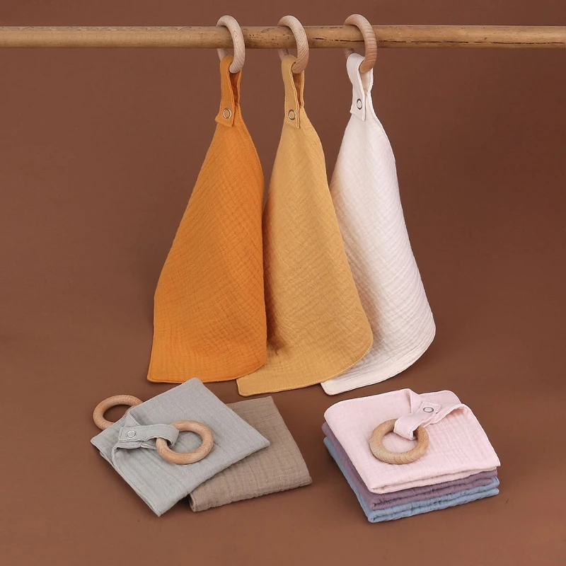 Baby Bibs Cotton With Wooden Teether Newborn  Button Soft Towel Burp Cloths