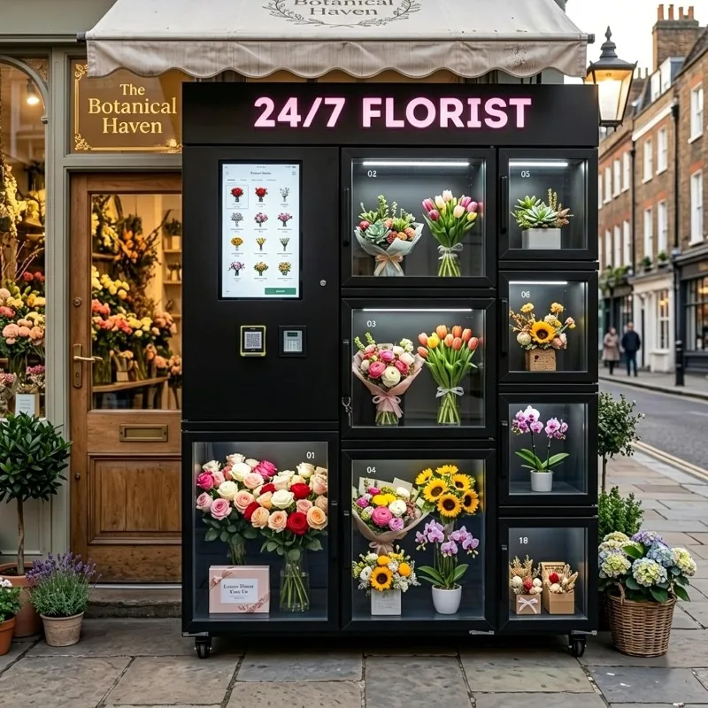 Custom Smart Commercial Bouquet Vending Kiosk with Touch Screen Card Reader, Refrigerated Floral Storage Display