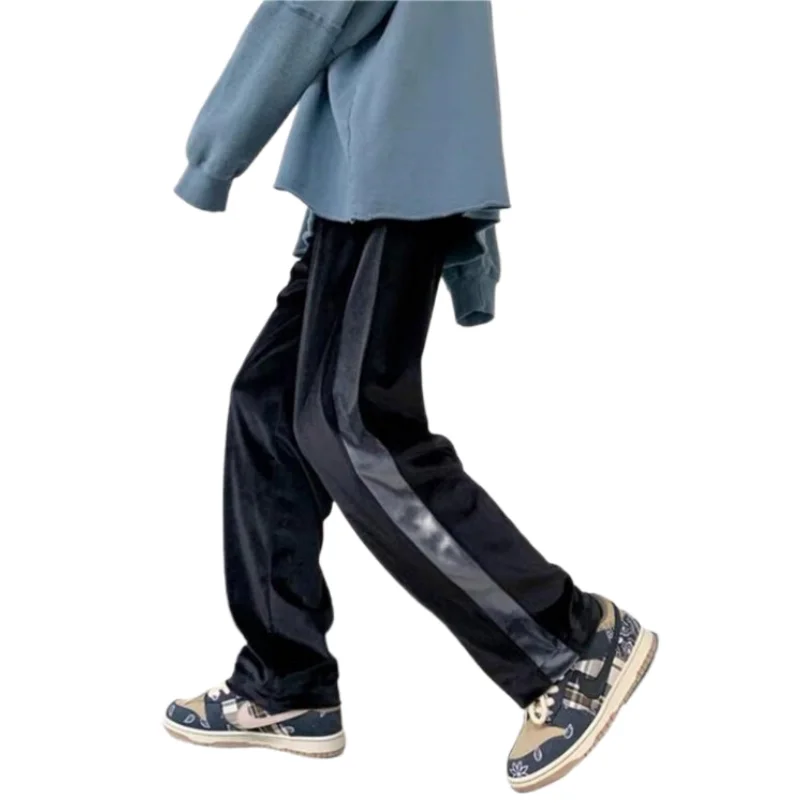 Man Casual Straight Pants Male Velvet Solid Color Large Size Trousers Patchwork Korean Preppy Style Long Pants M-6XL