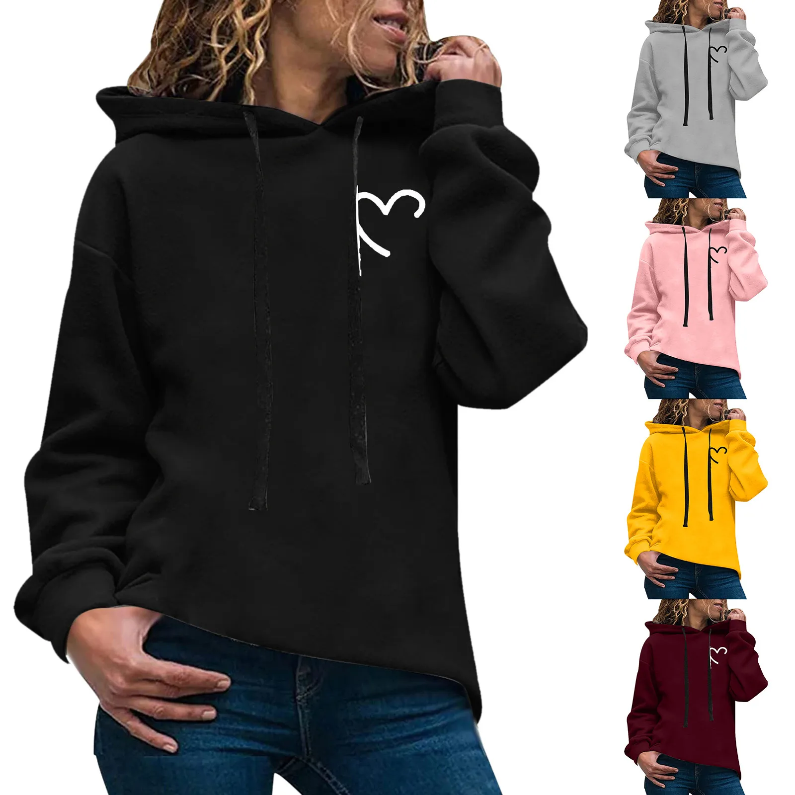 New Women Hoodie Warm Loose Drawstring Hood Pullover Heart Print Spring Casual Oversized Sweatshirts Streetwear