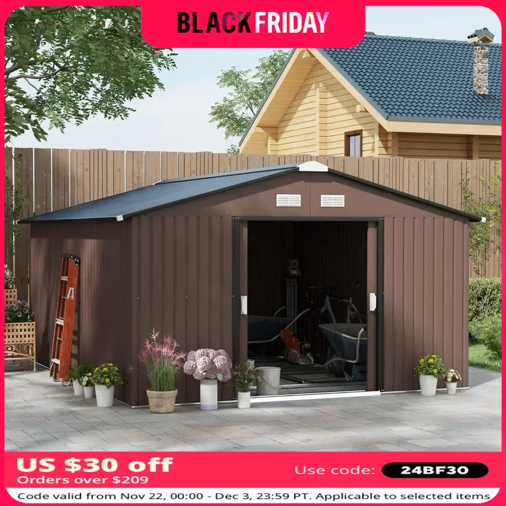 11' x 13' Outdoor Storage Shed, Garden Tool Metal Shed with Foundation Kit, Double Lockable Door, Air Vents and Sloping Roof