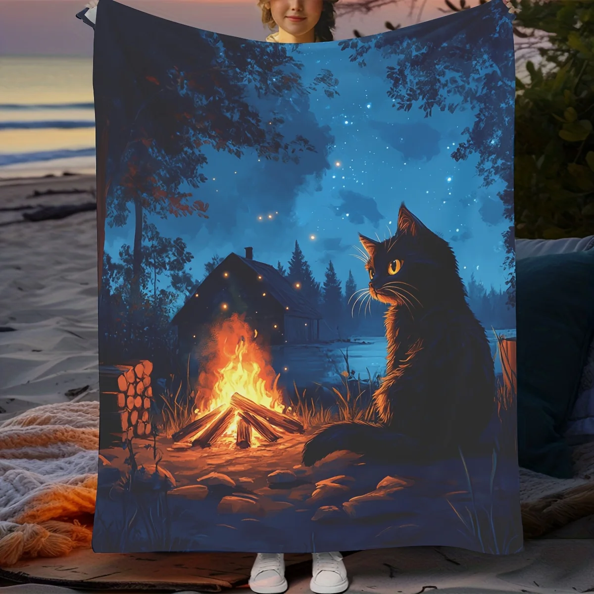 

Одеяло Mystical Cat — мягкий домашний плед для декора комнаты, уникальная идея подарка, очаровательная ночная сцена с дизайном костра и звезд