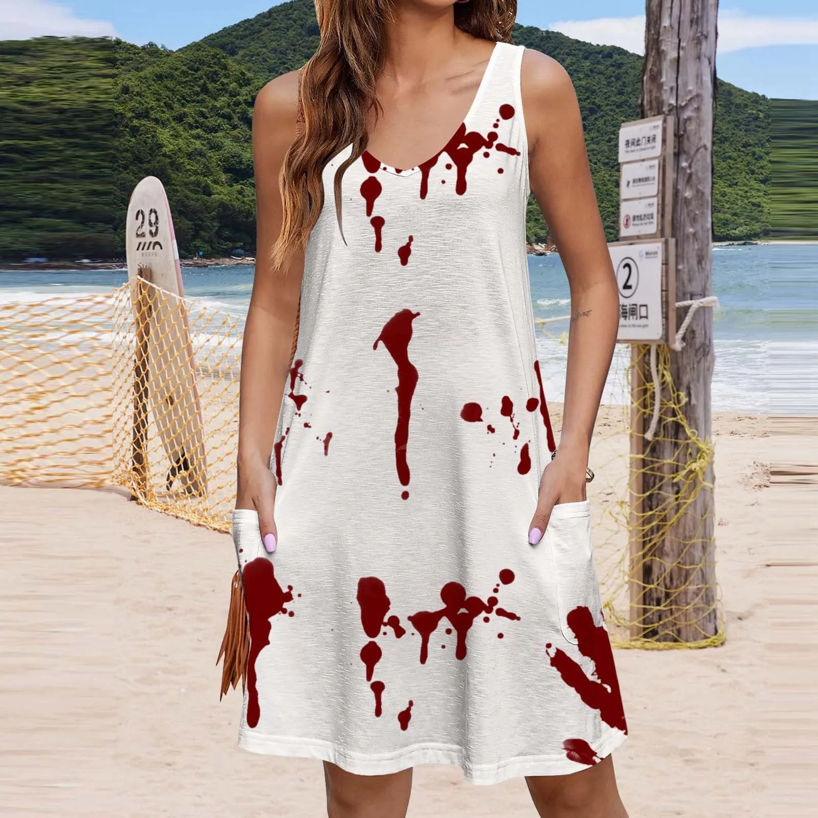 

Halloween Party Dress Women Sleeveless V Neck Tank Dresses Casual Loose Floral Printed Dress with Pockets Summer Casual