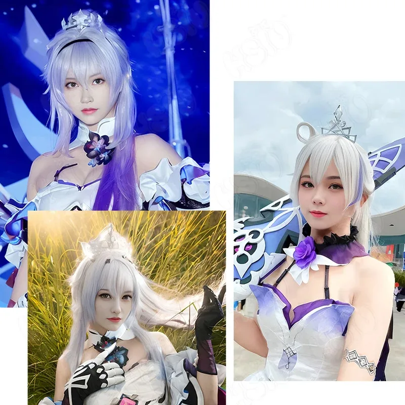 Kiana Kaslana Cosplay peluca juego Honkai Impact 3 Cosplay peluca HSIU 90Cm blanco mezclado púrpura cola de caballo pelo largo peluca sintética + gorro de peluca