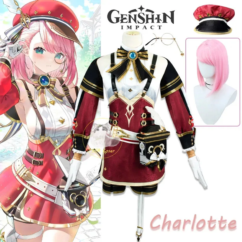 2025 jogo genshin impacto cosplay traje charlotte uniforme peruca anime estilo chinês trajes de halloween para meninas
