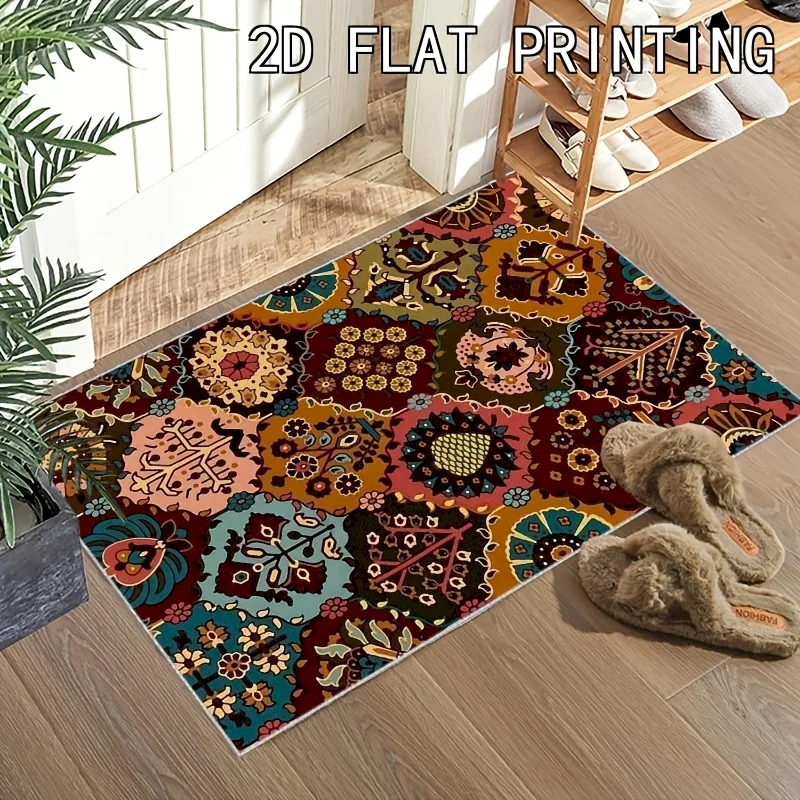 VIKAMA Retro Patchwork Floor Mat Bohemian Anti Slip Absorbent Carpet Kitchen Bathroom Quick Drying Door Mat Home Decoration
