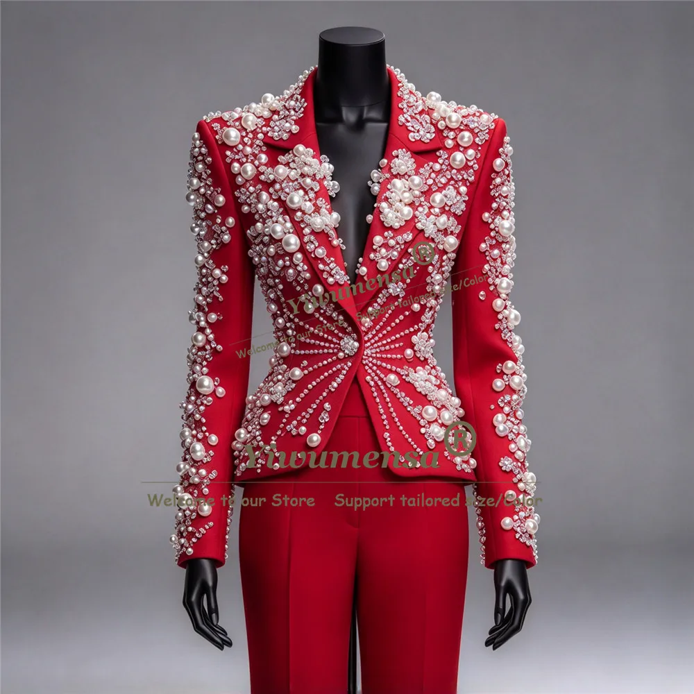Handmade Women Pants Suit For Wedding Pearls Beaded Lady Prom Tuxedo Customized 2 Piece Female Business Outfits костюм женский
