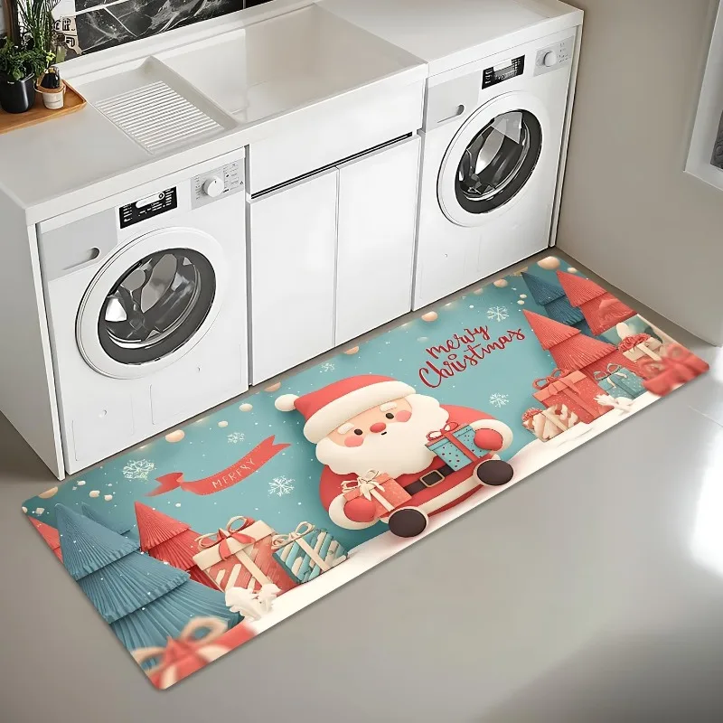 Merry Christmas Runner Carpet Mint‑Green Santa Claus Gift Box Pine Tree Printed Floor Carpet Festive Winter Holiday Decor