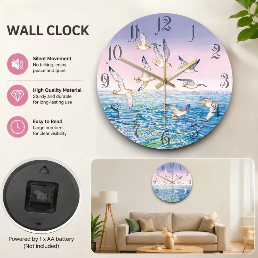 Dreamy Seagulls Flying over Ocean Wall Clock - Coastal Silent Quartz Watch Decor for Living Room Bedroom Nature Lovers Gift