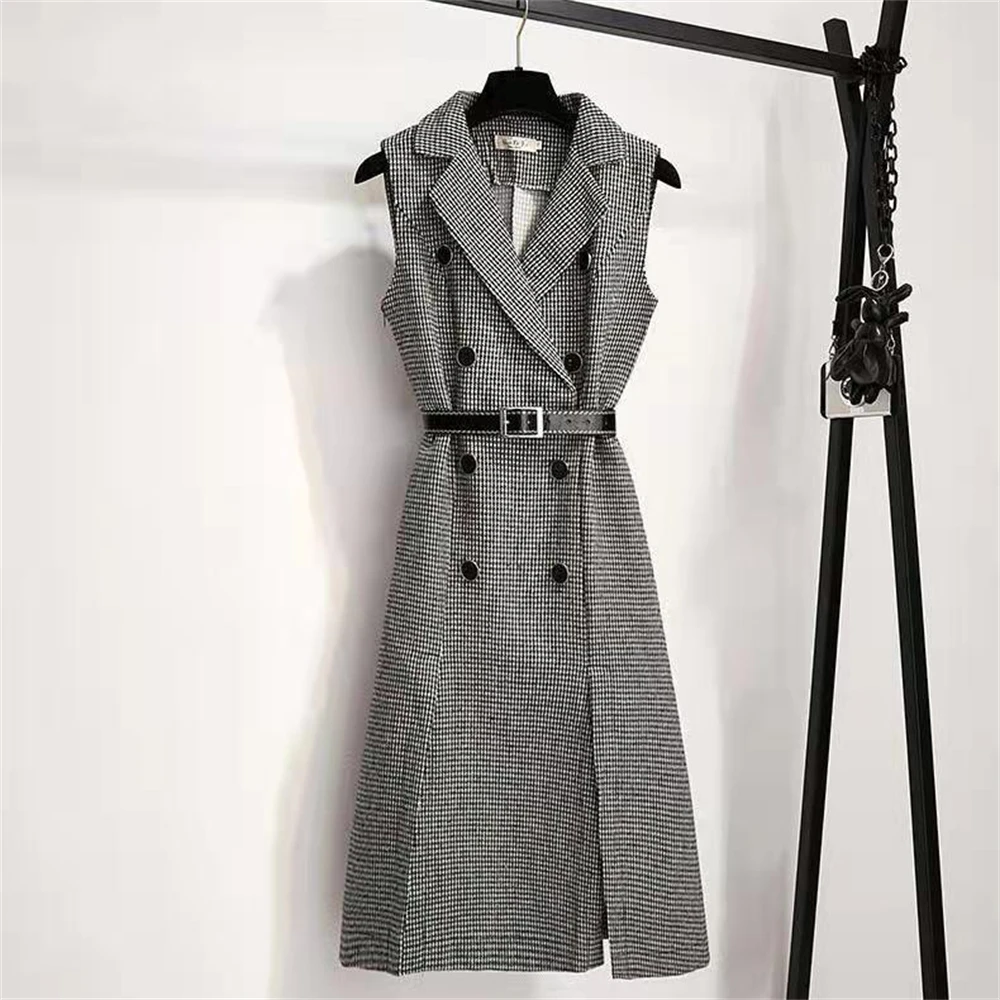 Women Tweed Notched Plaid Blazer Dresses Winter Double-Breasted Long Woolen Vest Houndstooth Sleeveless Suit Split Belted Top