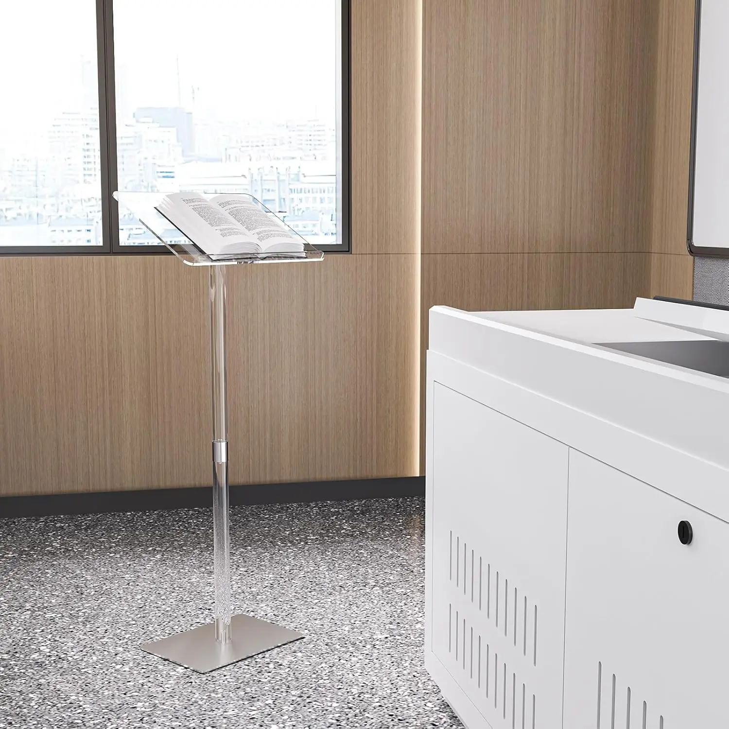 

Small Acrylic Podium Stand, Angle Adjustable, 17.7" L x 13" W x 42.3" H, Modern Lecterns & Pulpits , Metal Base, Clear