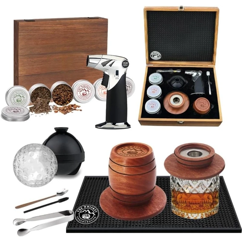 Smoker Kit - Cocktail Smoking Kit with Patented Smoker, Torch, 6 Wood Chip Flavors, Bar Mat, Ice Mold