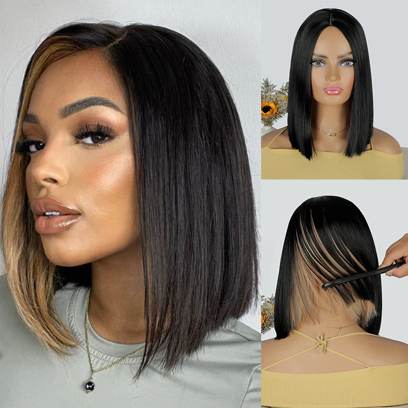 Black Brown Highlight Hair Short Straight Wig 12 Inch Middle Part Bob Wigs for Women Natural Synthetic Straight Hair Wig Cosplay