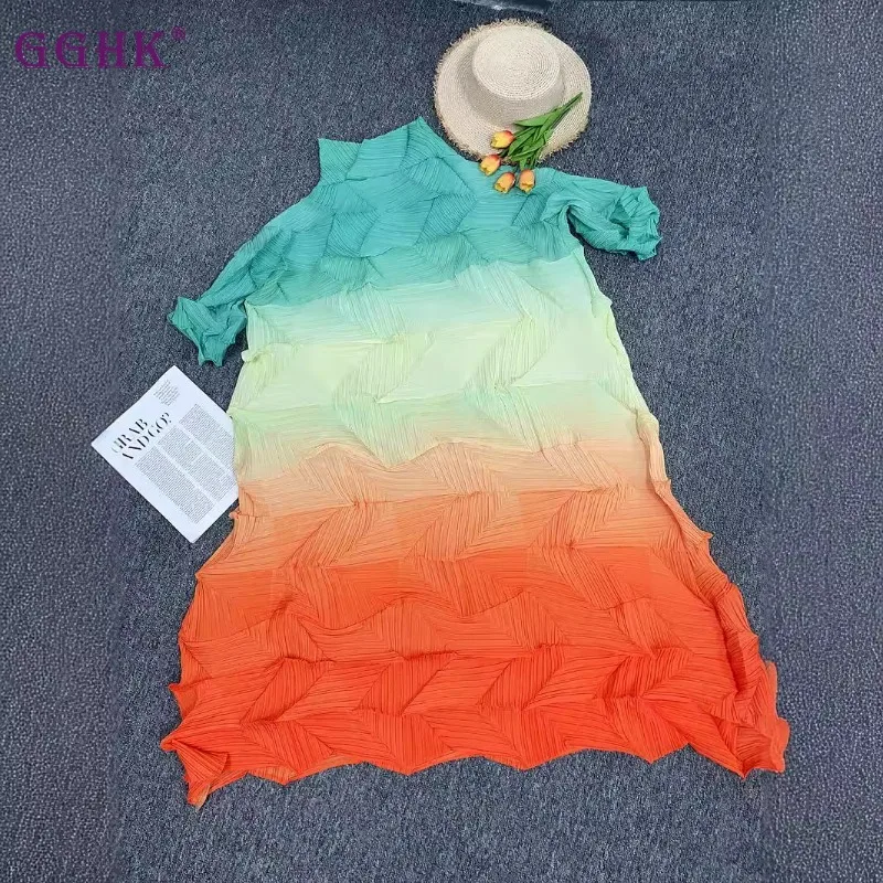 GGHK Pleated Women Long Tops High Neck Short Sleeve Gradient Color Design Loose Large Size Casual 2025 Spring Fall New Thin Tops