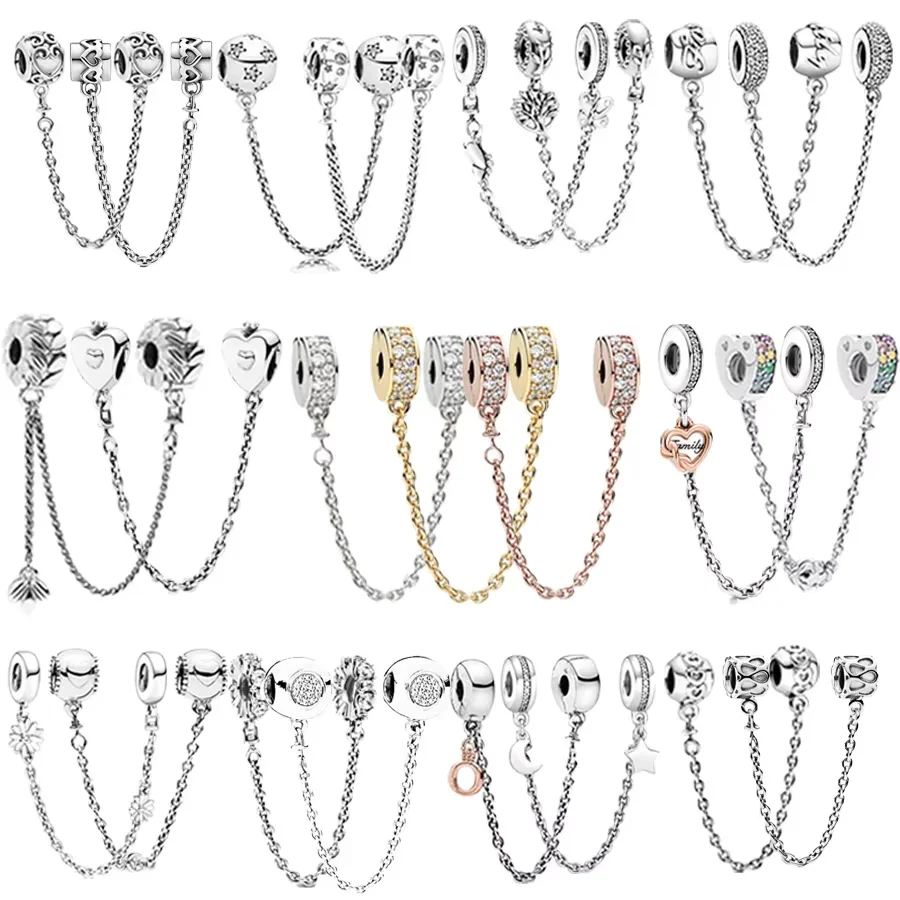 Sparkling DIY Jewelry Herbarium Cluster & Family Tree Rose gold Safety Chain Charm Bead Fit 925 Sterling Silver Pandora Bracelet