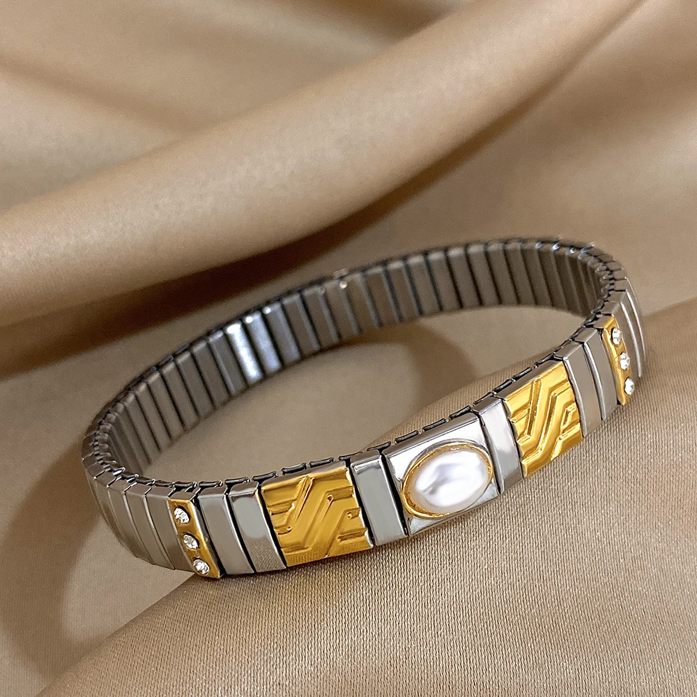 

Freetry Classics Stainless Steel Elastic Watch Chain Bracelet with Imitation Pearl for Women Cuff Bangle Waterproof Jewelry Gift