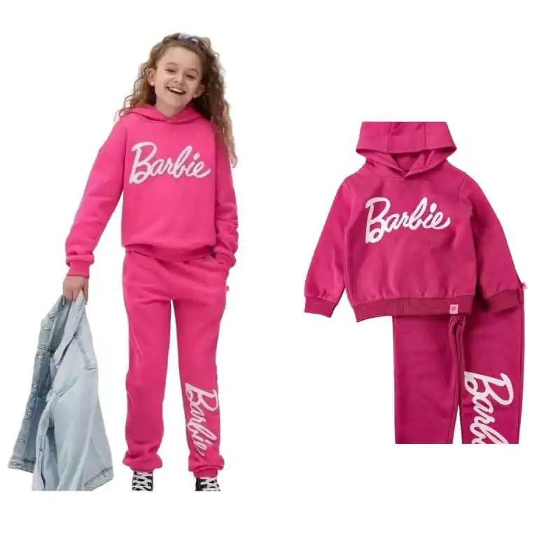 Anime Barbie Children Long sleeved Trousers 2 piece Set Cartoon Cute Girl Fashion Fleece Hooded Tops Kawaii Sport Pullover Pants