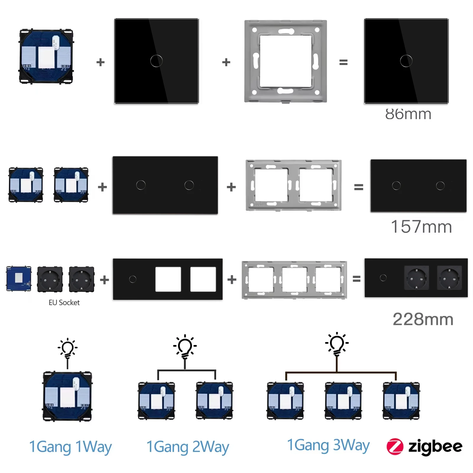 BSEED Zigbee Touch Switches Function Base 1/2/3Way Glass Panels EU Wall Smart Socket Tuya Smart Life App DIY Parts Only