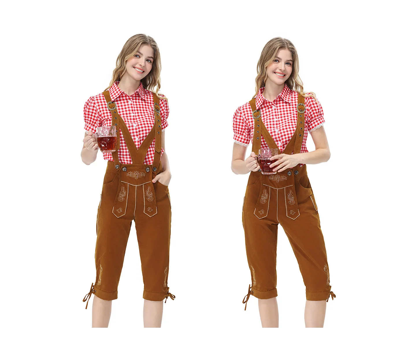 Vintage Bayerisches Lederhosen-Outfit für die Familie, Weißes Karohemd, Bestickte Hosenträgerhose, Oktoberfest-Party-Cosplay-Kostüm – Detail 10