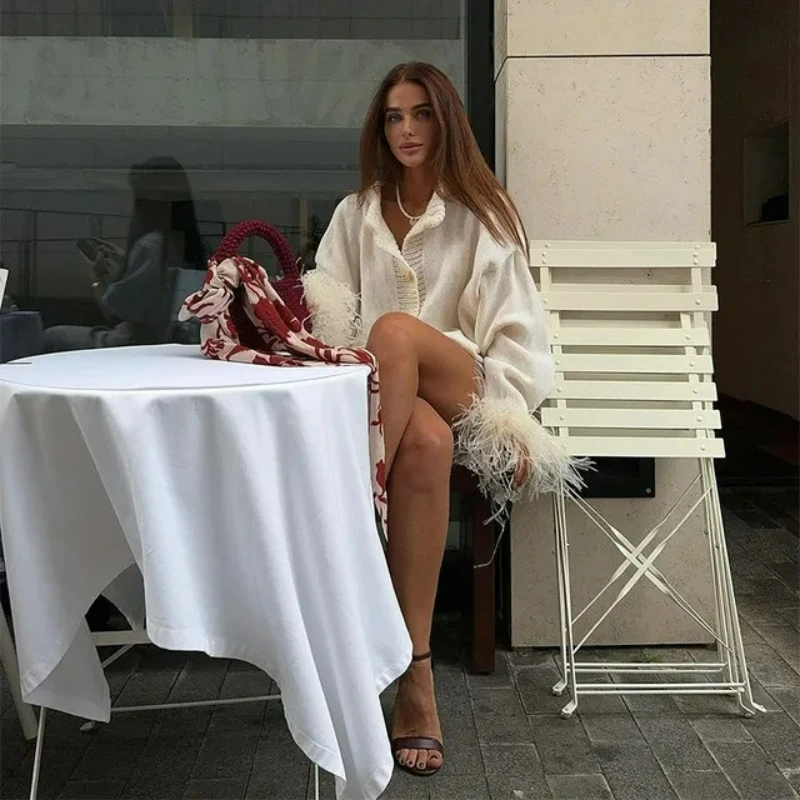 2026 Autumn Winter New Fashion Temperament Elegant Style Cross-border Women's Clothing Red Feather Design Knitted Cardigan Coat 4