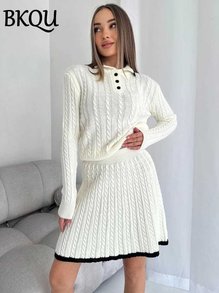 BKQU Knitted Sweater Mini Skirt 2 Piece Set Women Lapel Long Sleeve Button Top With A-line Short Skirt Suits Autumn Streetwear