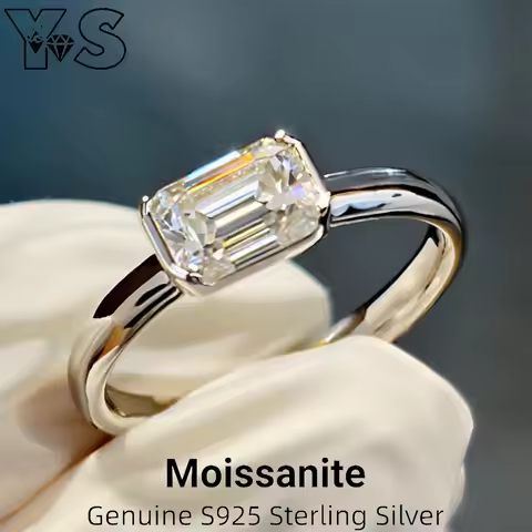Genuine S925 Sterling Silver 1CT Emerald Cut Rectangular Moissanite Solitaire Ring for Women Engagement Wedding Anniversary Gift