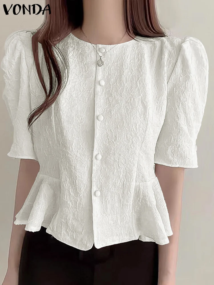 

Women Elegant Shirts 2023 VONDA Summer Ruffled Tops Casual Loose Short Puff Sleeve Buttons Blouse Solid Color Blusas Femininas