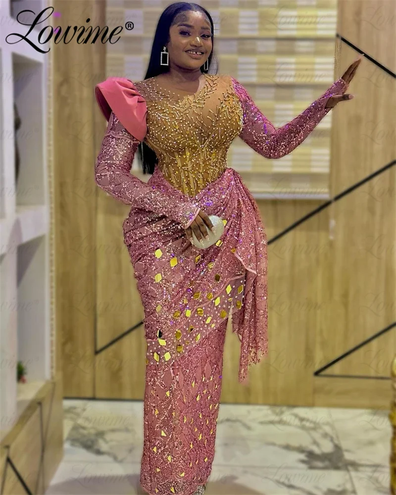 Pink Aso Ebi Arabic Mermaid Prom Dresses Beaded Crystals Evening Formal Party Second Reception Birthday Engagement Gowns Robes