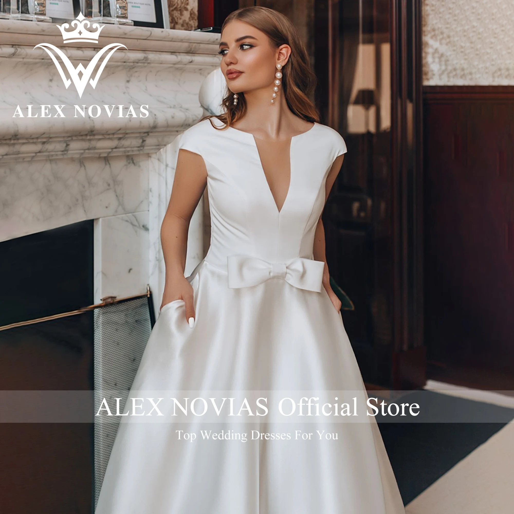 Alice NOVIAS – robe De mariée en Satin, ligne a, manches courtes, avec poches, col en v, dos nu, nœud, 2023