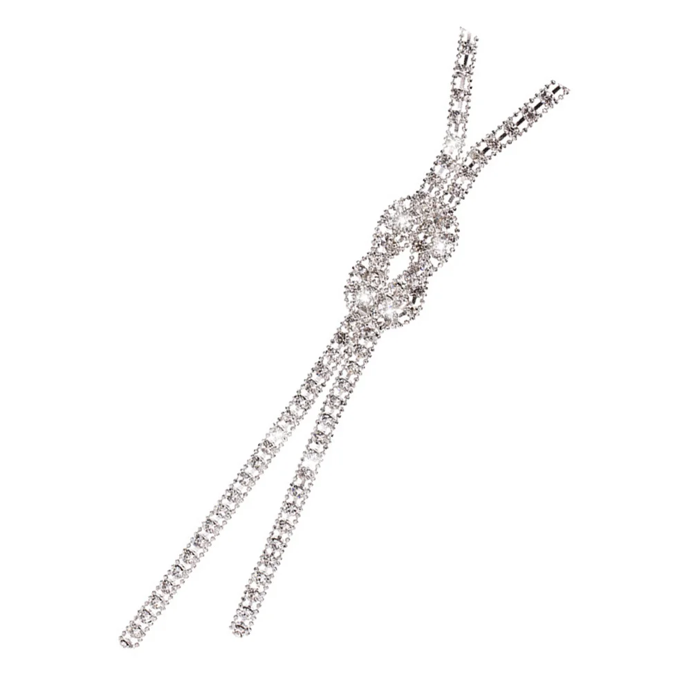 

Long Sweater Necklace Rhinestone Knot Pendant Winter Clavicle Chain Scarf Choker Silver Alloy For Women Gift