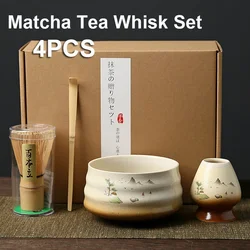 4PCS Japanese Matcha Tea Set Bamboo Whisk Scoop Ceramic Matcha Bowl Traditional Indoor Handmade Tea-making Tools Birthday Gift