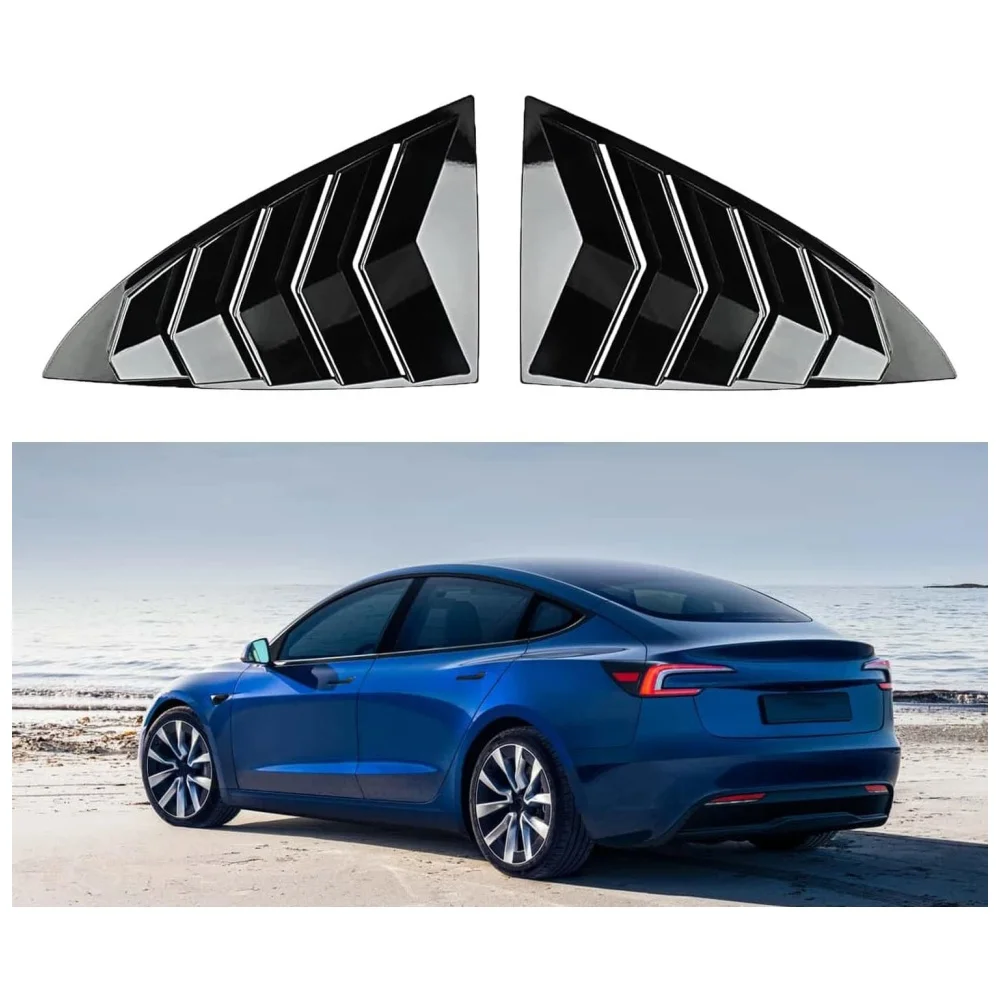 Glossy Black Rear Side Window Louvers, Exterior Accessories For Tesla Model 3 Highland 2024 2025