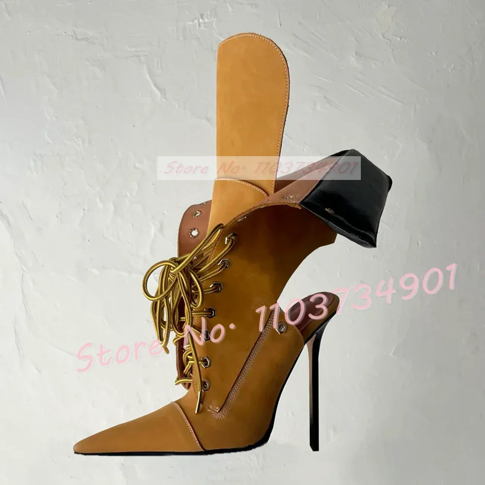 Hollow Lace Up Ankle Boots Women Yellow Thin High Heels Pointed Boots Lady Sexy Turned-over Edge Fashion Nifty Bare Heel Shoes