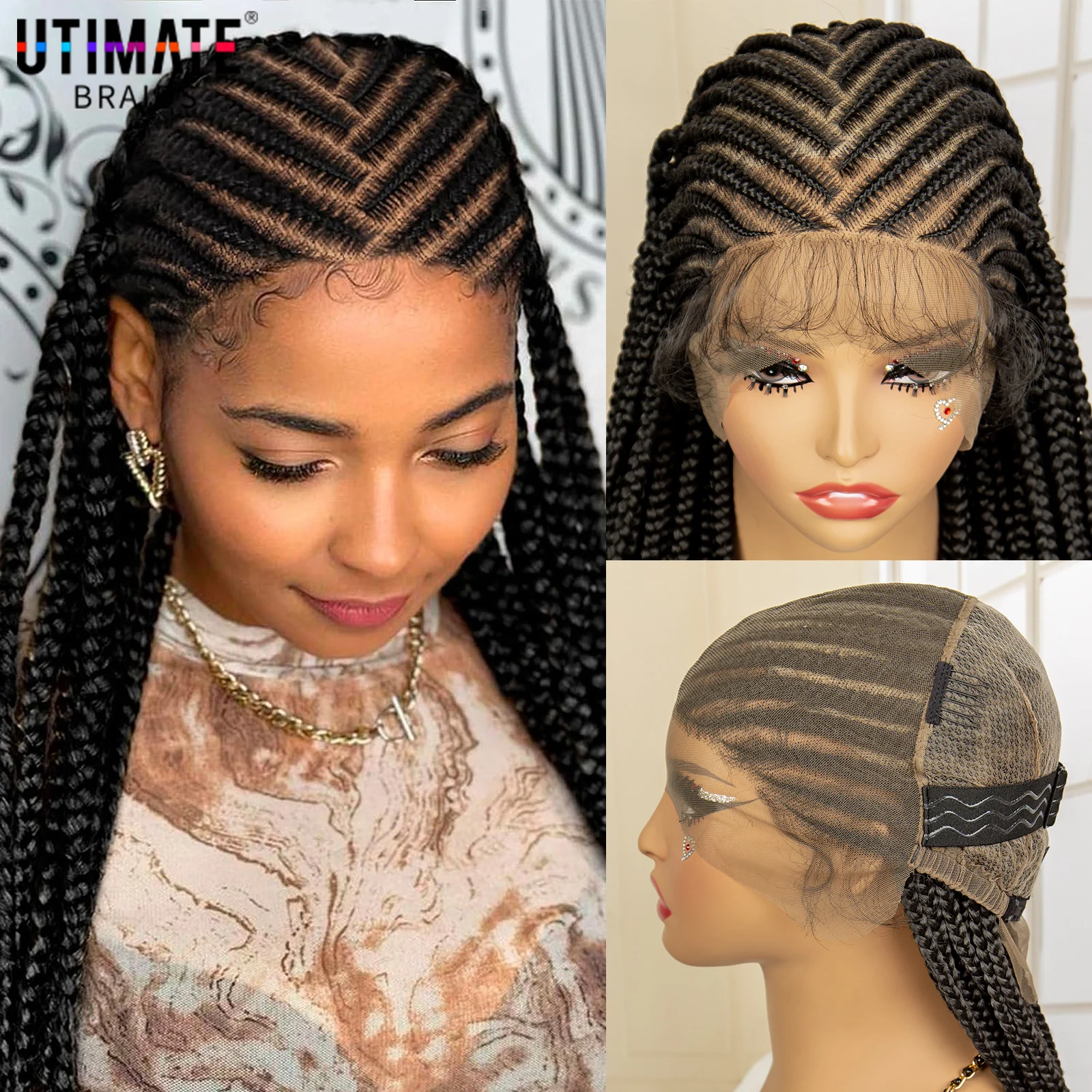 Perruque tressée synthétique Cornrow pour femme, pleine dentelle, boîte tressée, cheveux de bébé, dentelle transparente, dos sans nœuds, 36 po