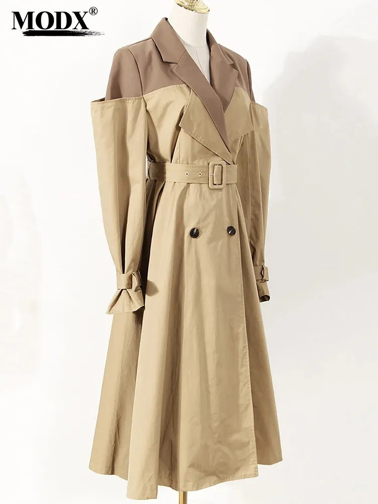 

[MODX] Khaki Color-block Long Elegant Trench Women New Lapel Long Sleeve Windbreaker Fashion Tide Spring Autumn 2024