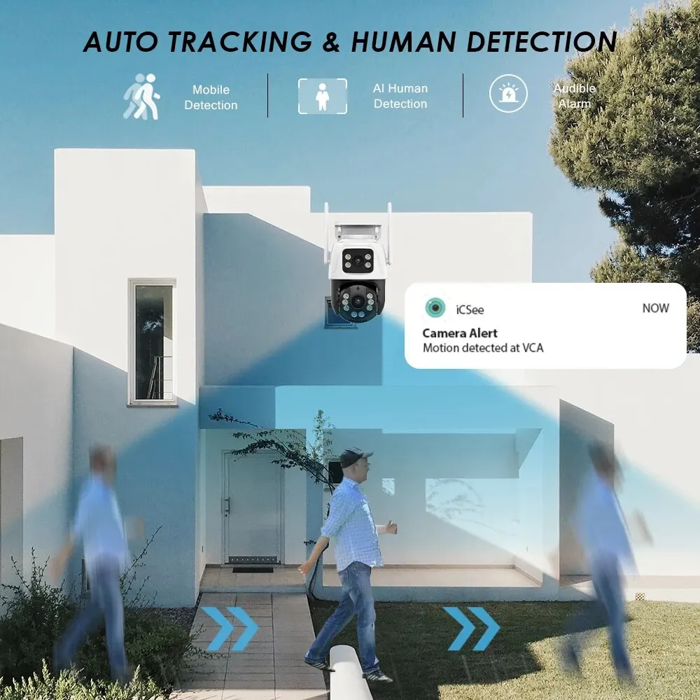 Cámara Wifi de doble lente 360 °, protección de seguridad IP66, 8MP, 4K, inalámbrica, detección humana al aire libre, videovigilancia ICSEE PTZ