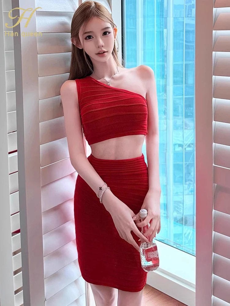 

H Han Queen Summer Sweater Knitting 2 Pieces Set Women Sleeveless Tops + Fashion Mini Pencil Skirts Casual Simple Skirts Suits