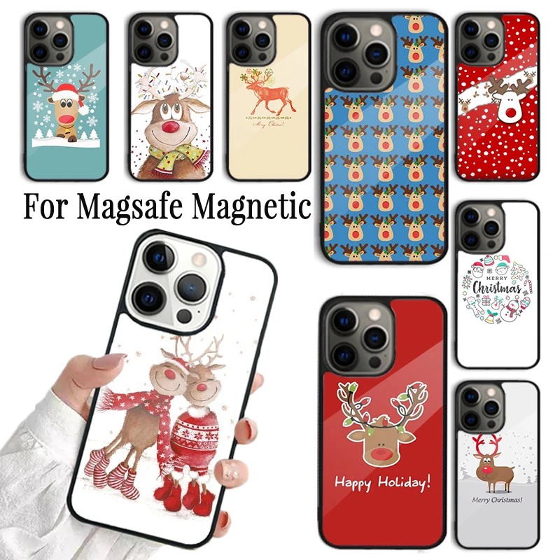 Phone Case For iPhone 16 15 14 13 12 Mini 11 Pro Max Plus Magsafe Magnetic Wireless Charging Cover Merry Christmas Elk Cartoon