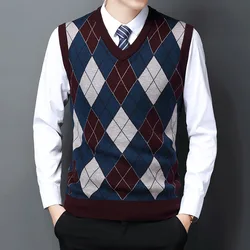 Maglione Pullover da uomo di mezza età Fashion Trend Color Diamond Plaid gilet senza maniche in autunno e in inverno